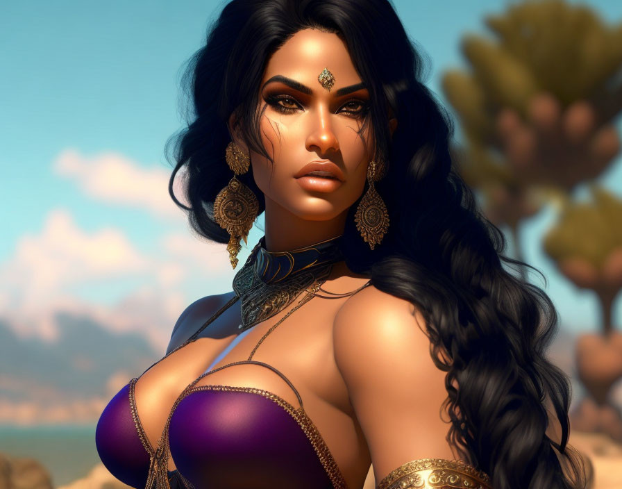 Dark-haired woman with exotic jewelry in 3D fantasy art beach scene