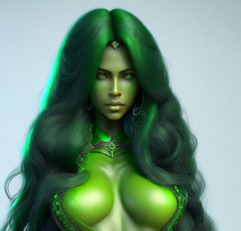 Green-skinned female figure with long wavy hair and golden jewelry in a green outfit