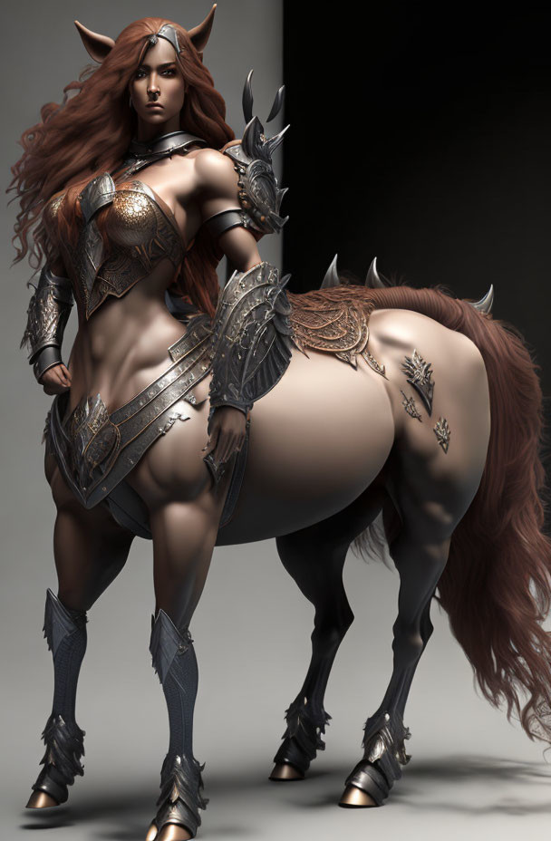 Centaur character in ornate armor with shield and horned helmet on grey backdrop