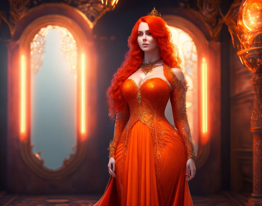 Red-haired woman in orange dress in ornate room