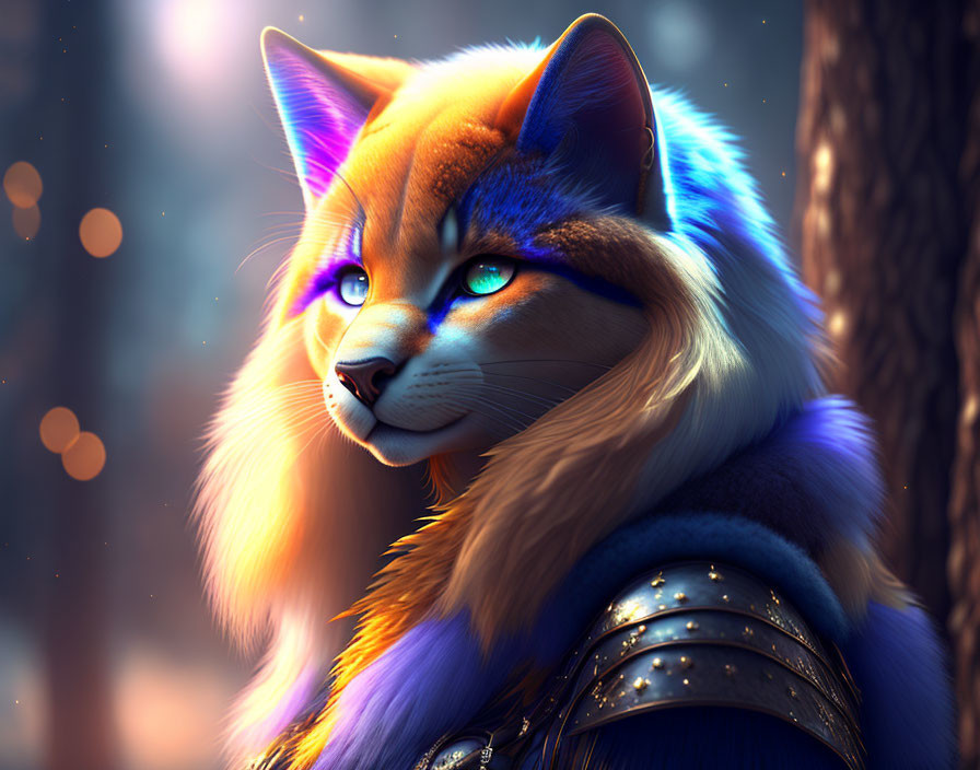 Anthropomorphic feline character in armor with blue eyes, orange and white fur, forest background