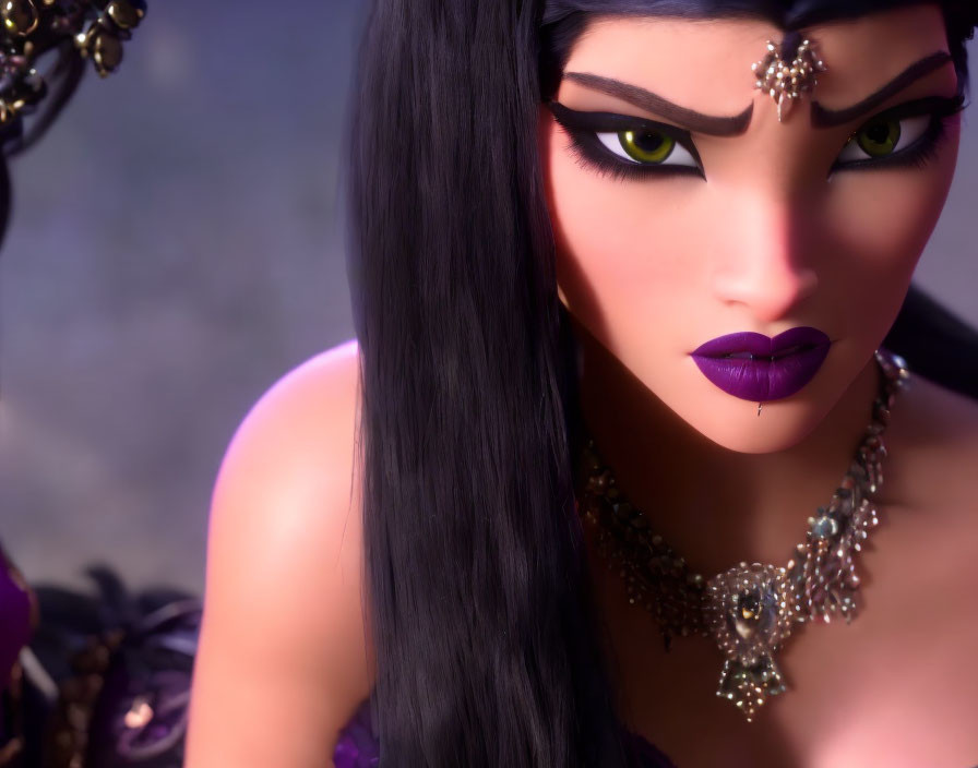 Close-up of 3D-animated female character with black hair, green eyes, purple lipstick,