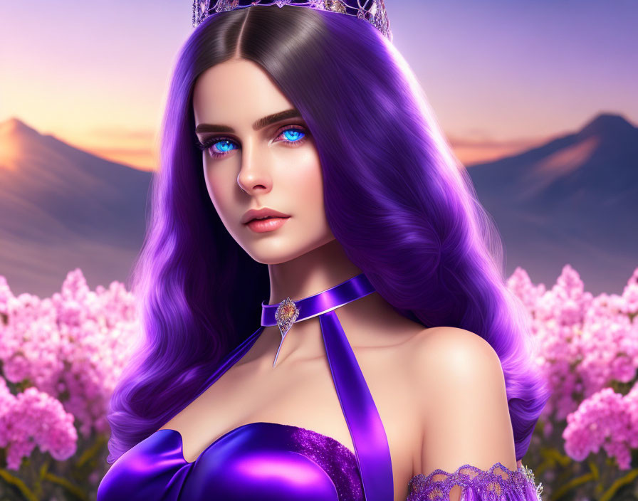 Digital artwork: Woman with blue eyes, purple hair, crown, elegant dress, mountains, flowers.