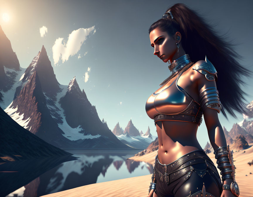 Female warrior in fantasy armor in desert landscape with mountains, river, and sunset sky