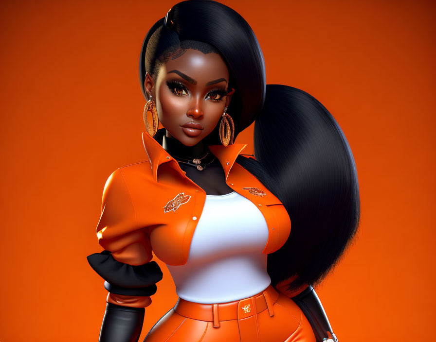 Stylized digital portrait of a woman with black hair in orange outfit