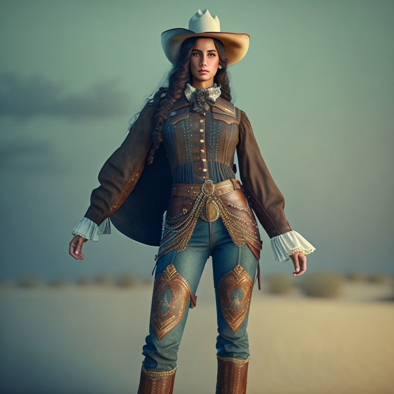 Stylish woman in ornate cowboy outfit against soft-lit sky