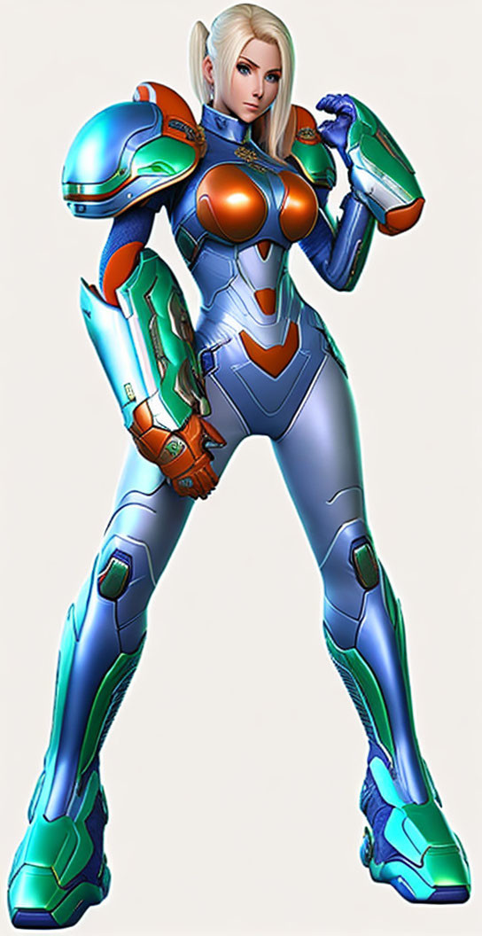 Female character in blue and orange futuristic armor suit with helmet