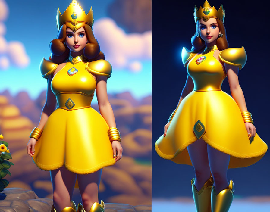 Stylized 3D rendering of Princess Peach in golden yellow dress