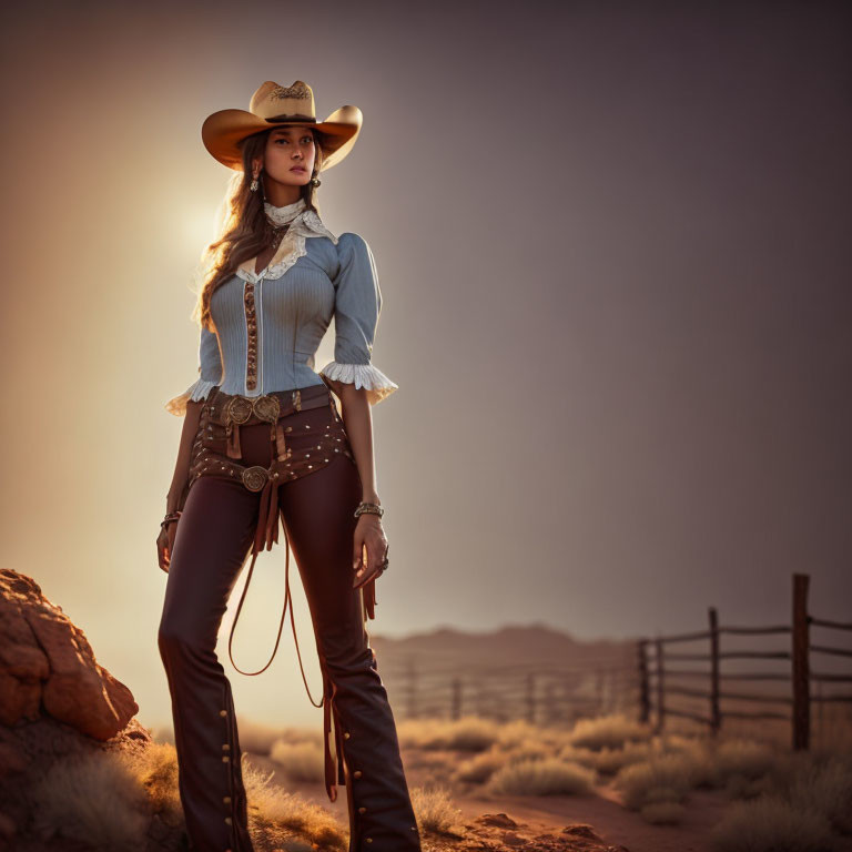 Cowgirl in cowboy attire standing in desert landscape at sunset.