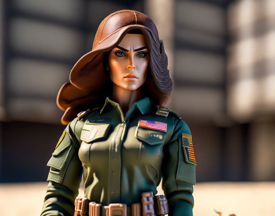 Detailed Female Military Action Figure in Brown Hat with Intense Facial Features