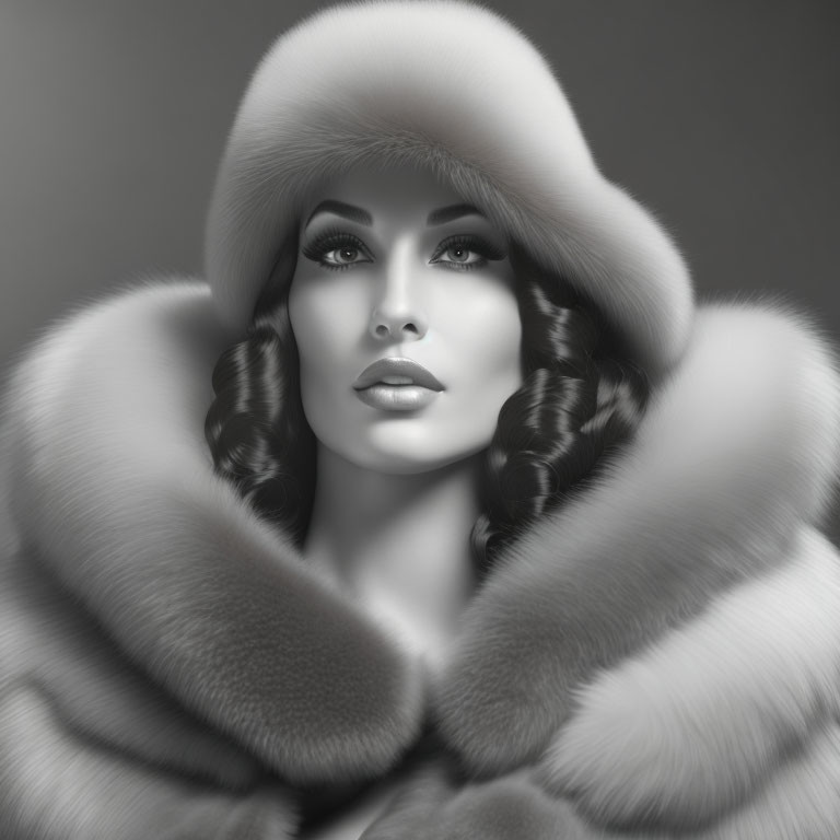 Monochromatic portrait of woman in fur coat with elegant hair waves