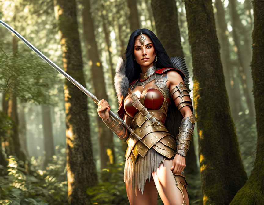 Warrior woman in stylized leather armor wields spear in sunlit forest