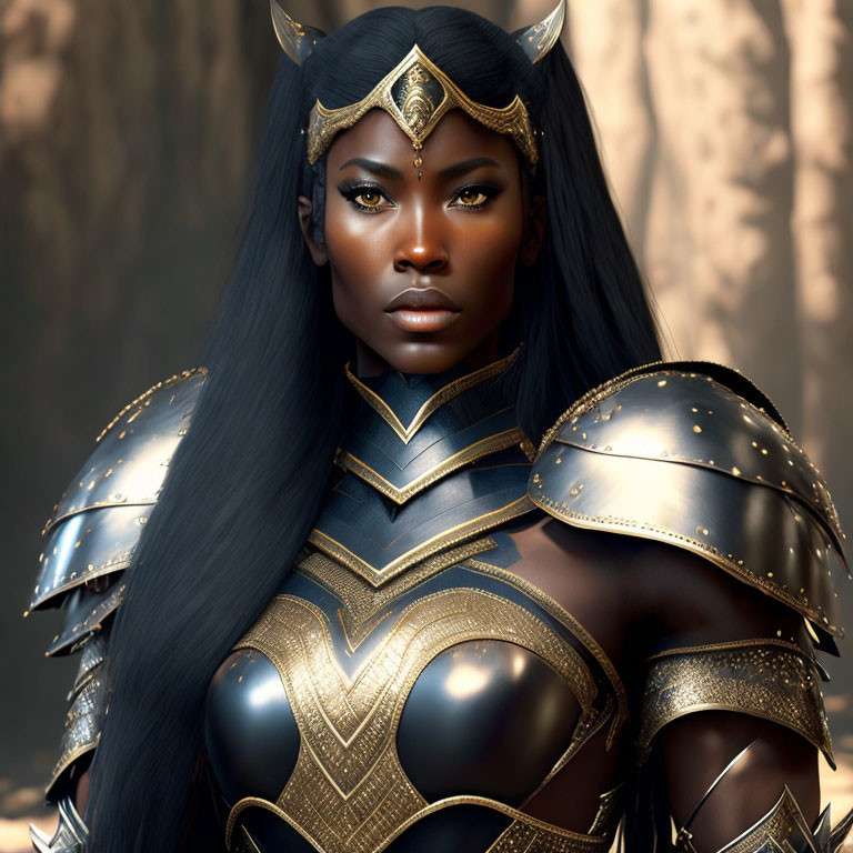 Digital artwork of dark-skinned warrior woman in intricate metallic armor & gold crown headpiece