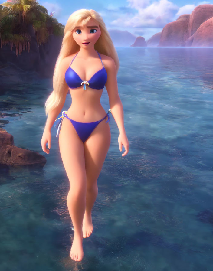 Blonde female character in blue bikini in 3D animation