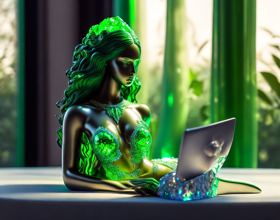 Green female figurine working on laptop by window in sunlight