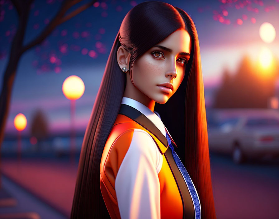 Digital artwork: Woman with sleek hair in modern outfit against evening backdrop.