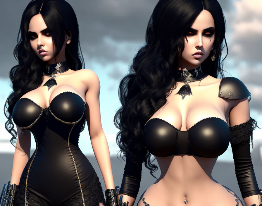 Twin 3D-animated female characters in black futuristic armor against cloudy sky