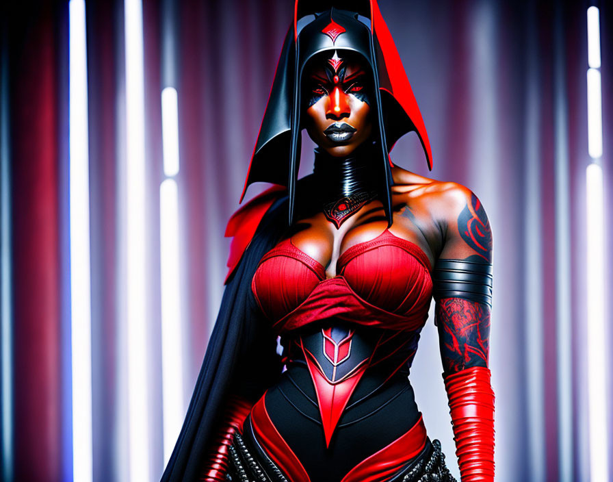 Red and Black Costume Cosplayer with Stylized Headdress and Tattoos on Arm