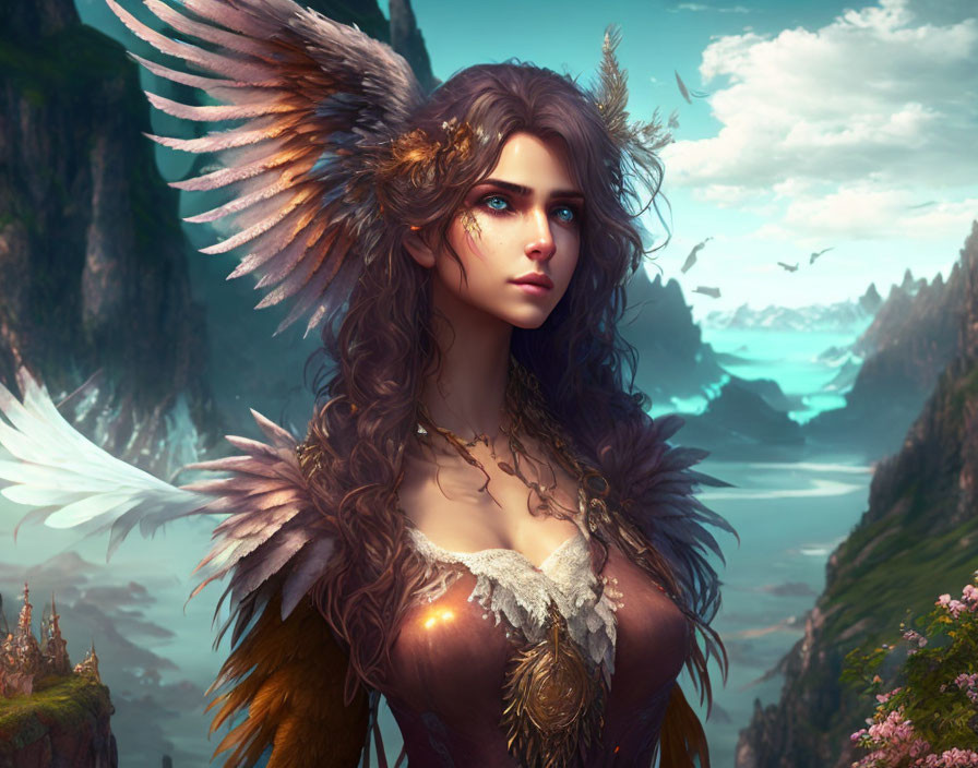 Digital artwork: Winged female humanoid with feathered details in fantastical mountainous landscape