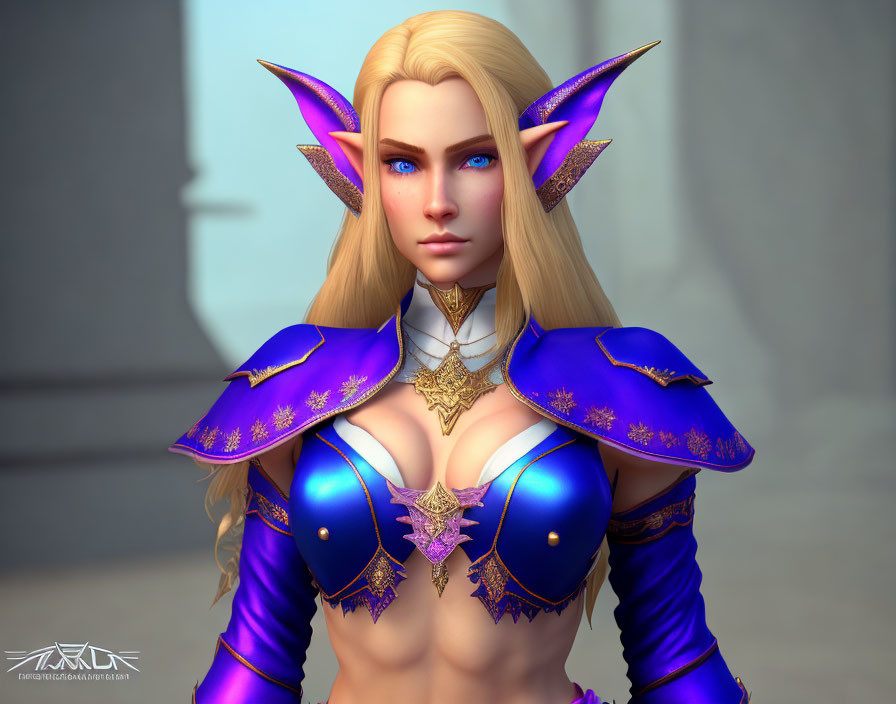 Fantasy character with blond hair, pointed ears, blue armor.