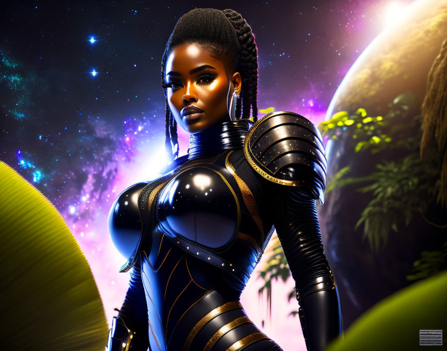 Confident woman in futuristic black armor suit with braided hair against cosmic backdrop