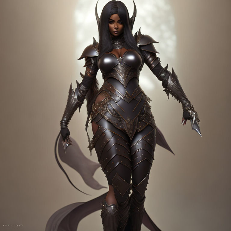 Female character in dark ornate armor with sharp spikes and mystical aura