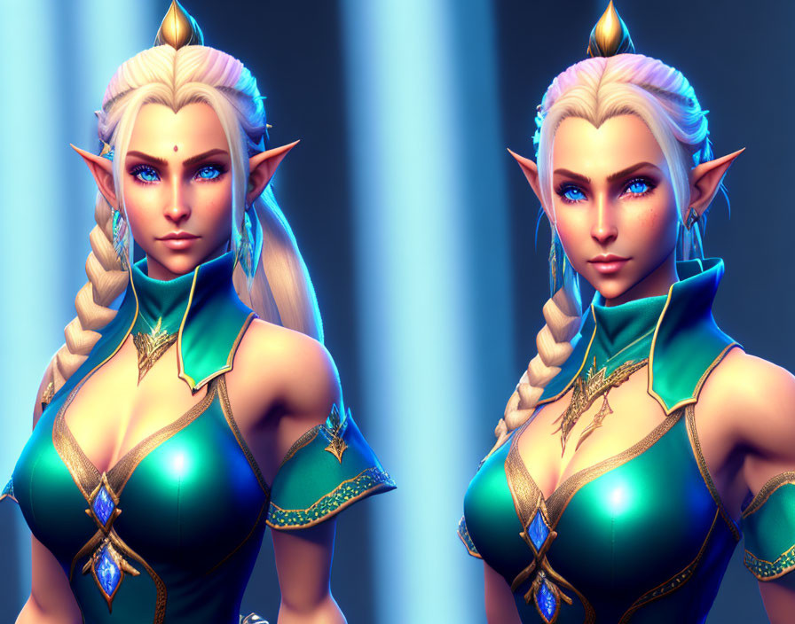 Twin blonde elf females in green and gold outfits on blue background