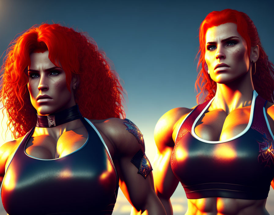 Muscular Red-Haired Females in Futuristic Outfits on Blue Sky Background