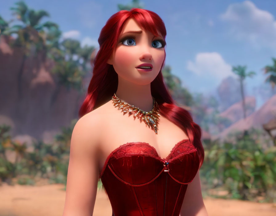 Red-haired animated character in red corset and necklace, against desert background