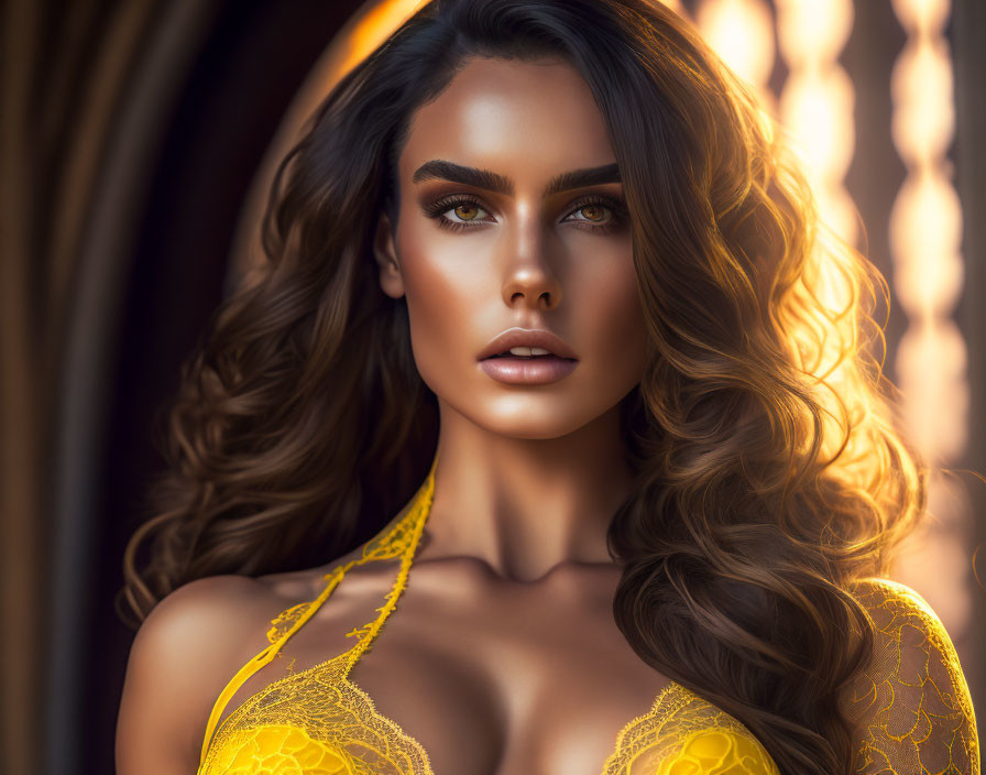 Curly-Haired Woman in Striking Makeup Wearing Yellow Lace Garment