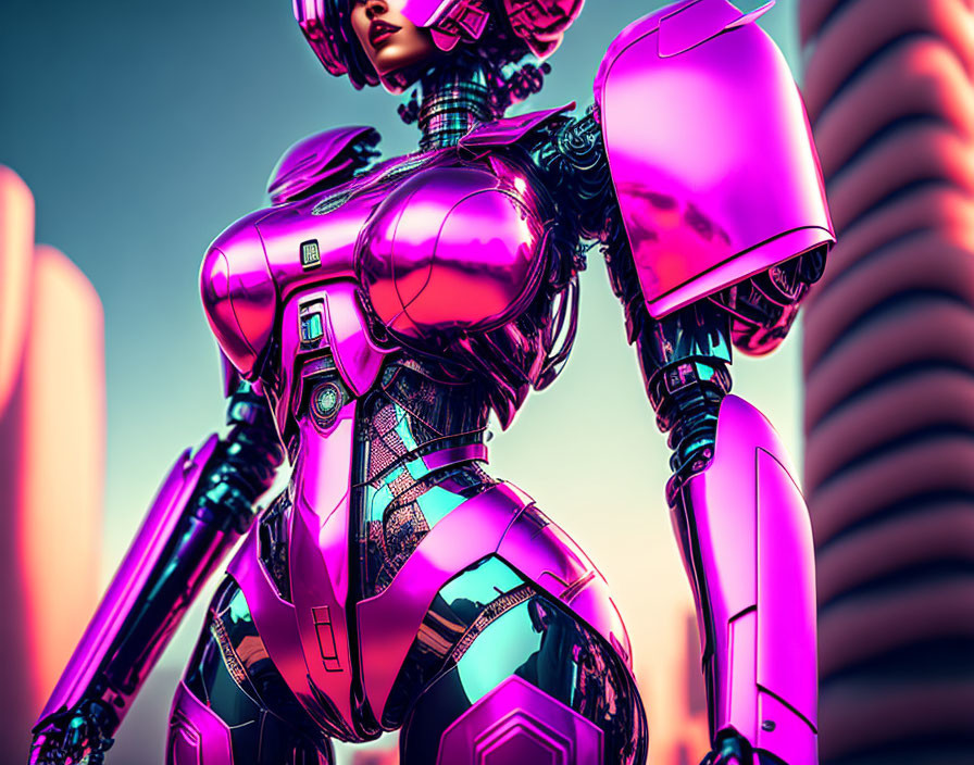 Futuristic metallic pink female robot on abstract pink and blue backdrop