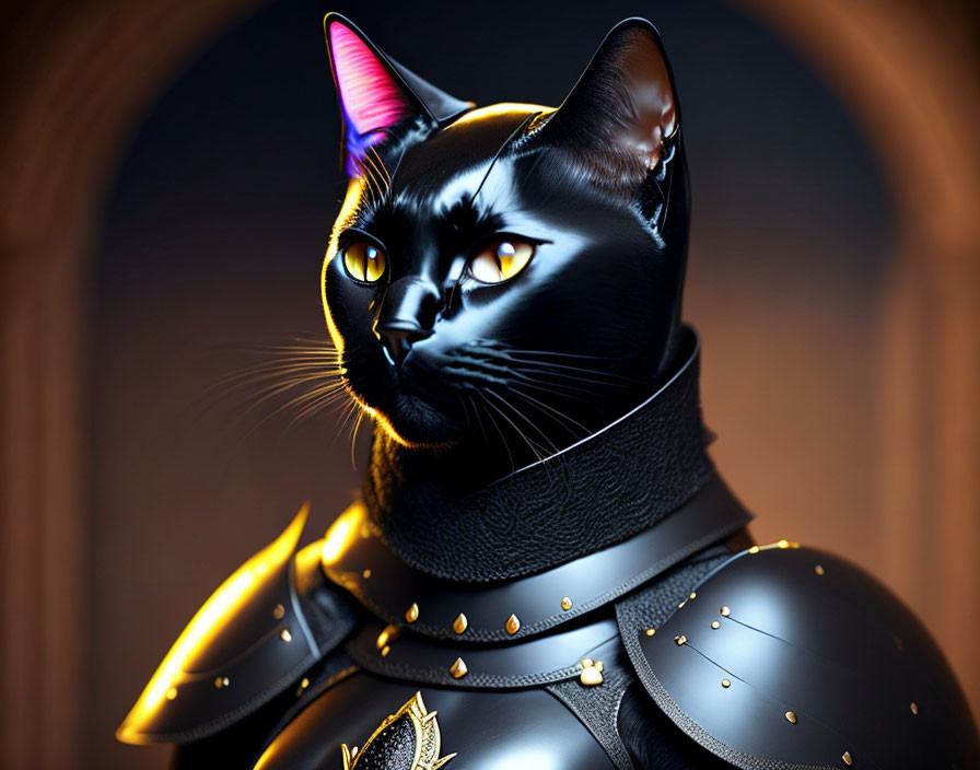 Digital illustration: Black cat in knight's armor with metallic accents