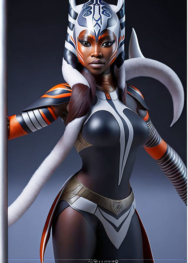 Digital artwork of female character with white and orange facial markings, large head-tails, and futuristic armor