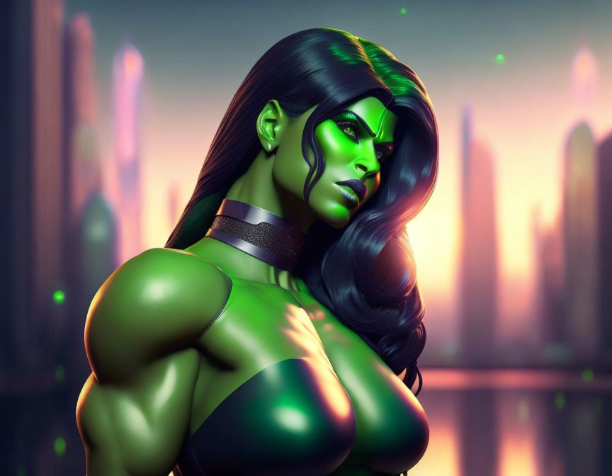 Green-skinned muscular female character with long black hair in futuristic cityscape.