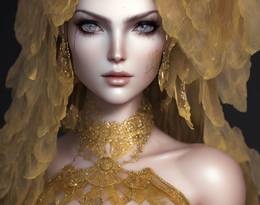 Digital portrait of woman with translucent blue eyes, golden lace veil, and intricate jewelry