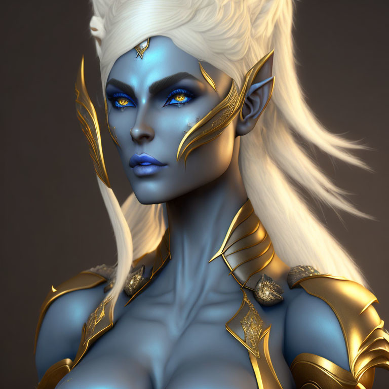 Blue-skinned fantasy elf in golden armor with white hair.