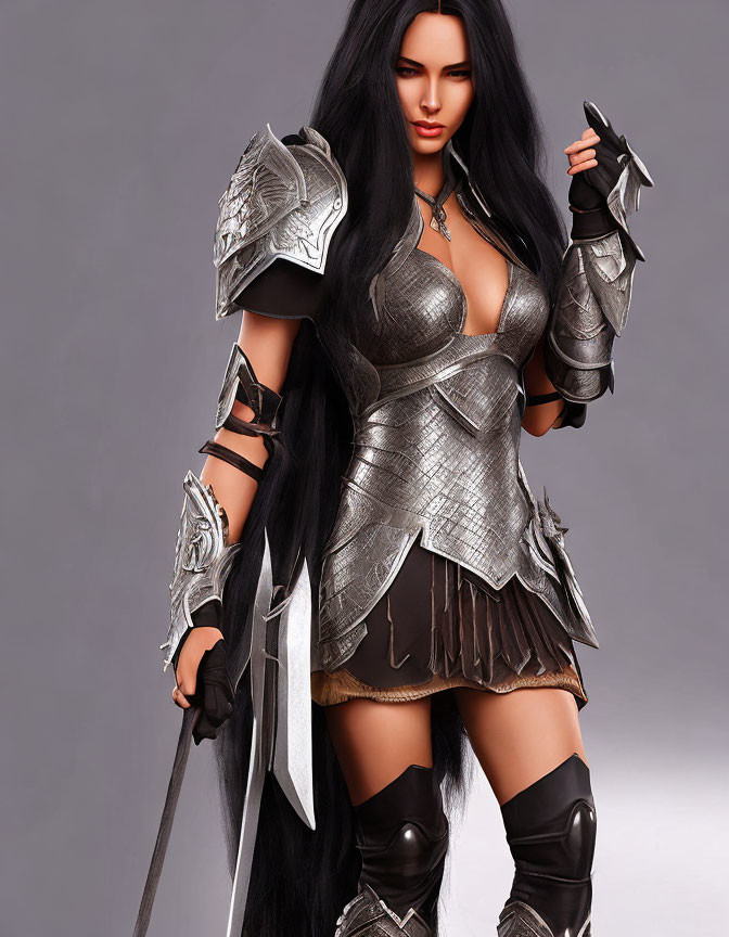 Detailed Fantasy Armor Woman Poses with Sword in Dark Bodice