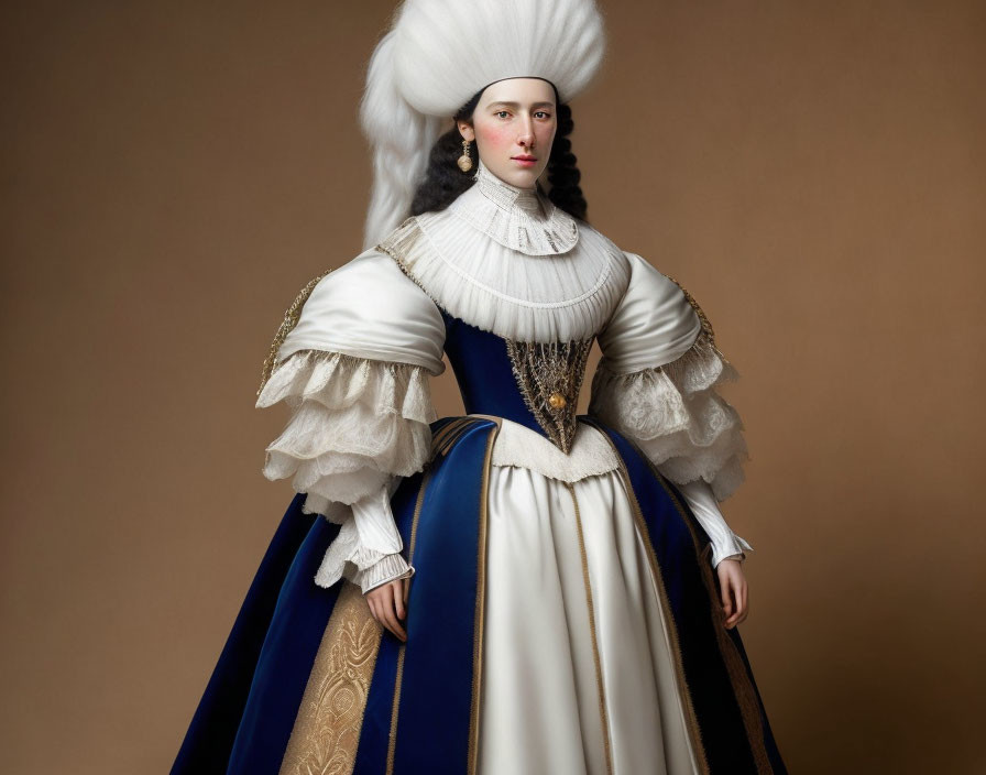 Elaborate Historical Attire with Blue Cape and White Wig