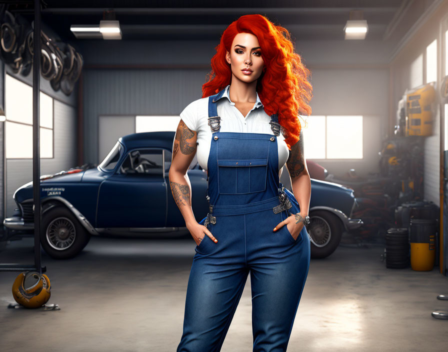 Confident woman with red hair and tattoos by vintage blue car in garage