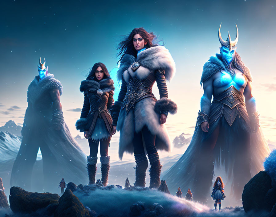 Fantasy warriors in snowy landscape with blue armor and fur cloak