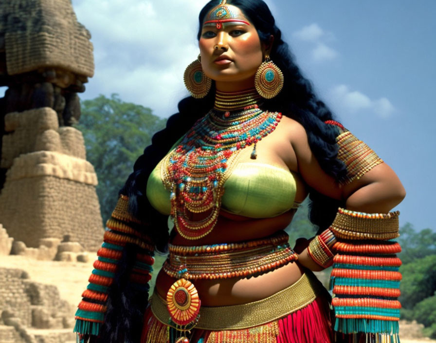 Traditional Woman in Ornate Attire Stands by Stone Pillars