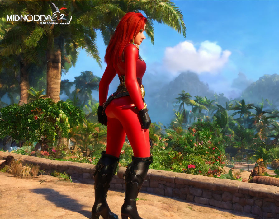 Red-haired female video game character in red bodysuit in tropical setting