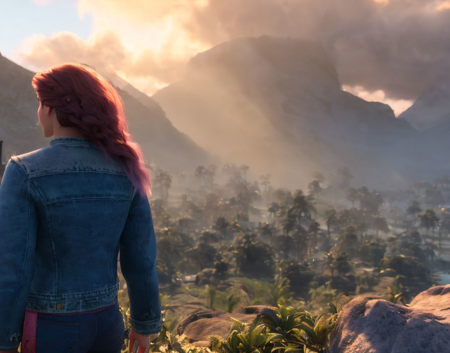 Red-haired character in denim jacket gazes over tropical valley at sunset