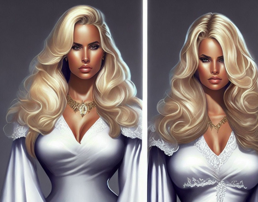 Blonde woman in white dress under two lighting styles