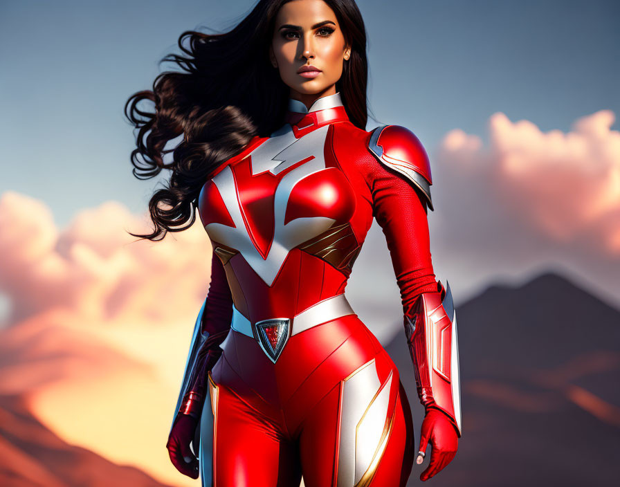 Digital artwork of strong female superhero in red and white suit against mountain backdrop