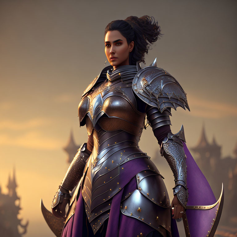 Female warrior in ornate armor against dusky sky and spires.