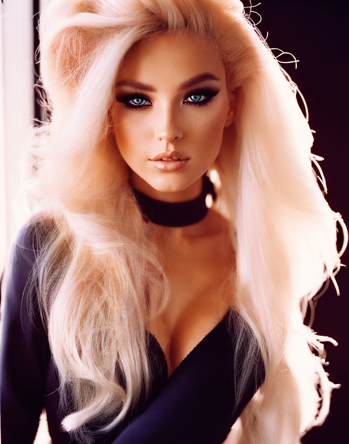 Platinum Blonde Woman with Striking Blue Eyes and Bold Makeup