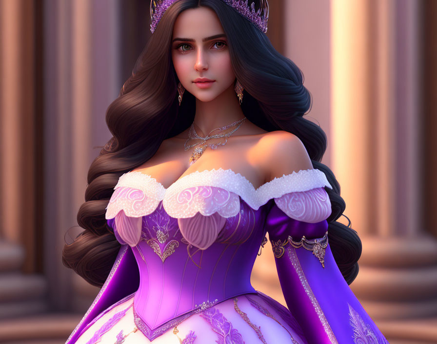 Animated princess character with long dark hair in purple and white gown.