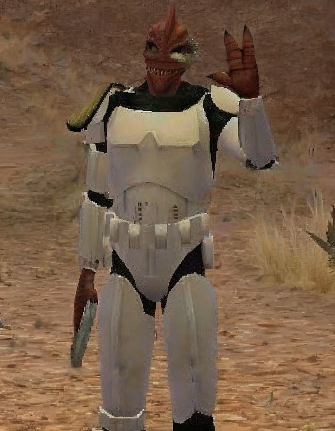 Red reptilian-headed character in white armor with brown gloves wields a knife in desert scene