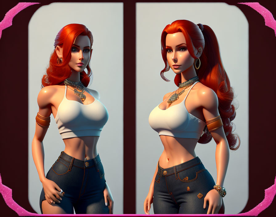 Identical 3D animated female characters in red hair, white tops, high-waist jeans